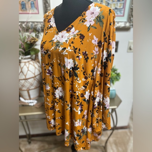 J. Jill Mustard and Peach Floral Blouse V-Neck Flare Sleeve Relaxed Tunic SZ XL - Picture 4 of 7